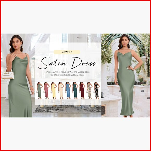 Satin Midi Dress Spaghetti Strap Cowl Neck Backless Formal Cocktail - Picture 7 of 7